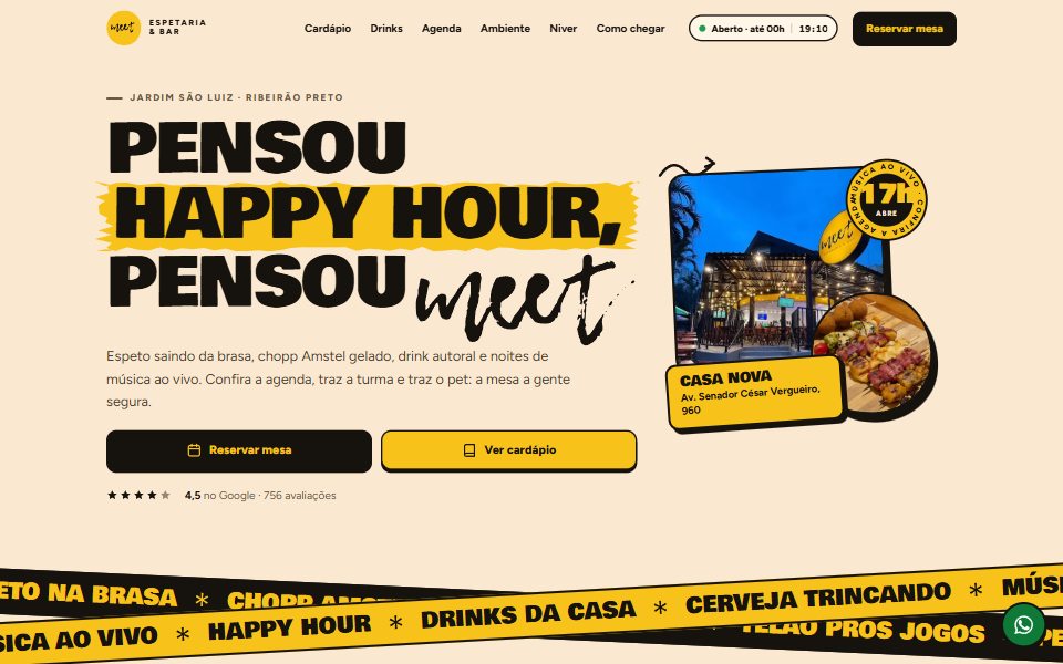 Site da Meet Espetaria e Bar, com identidade amarela e cardápio